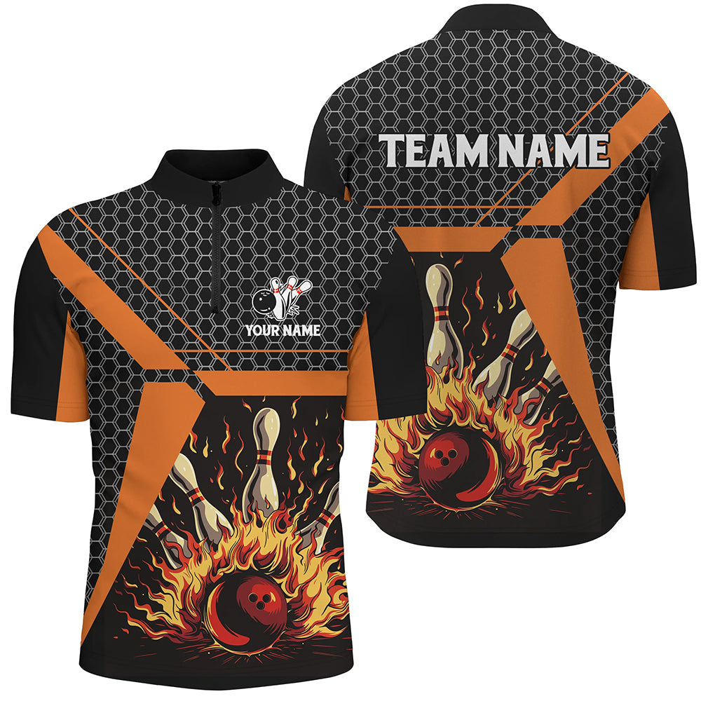 Flame Bowling polo, Quarter zip Shirts for men Custom team Bowling League jerseys, bowl gifts | Orange NQS7971
