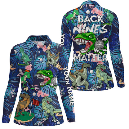 Funny Women golf polo shirt custom blue tropical flower Dinosaur pattern golf shirts back nines matter NQS6058