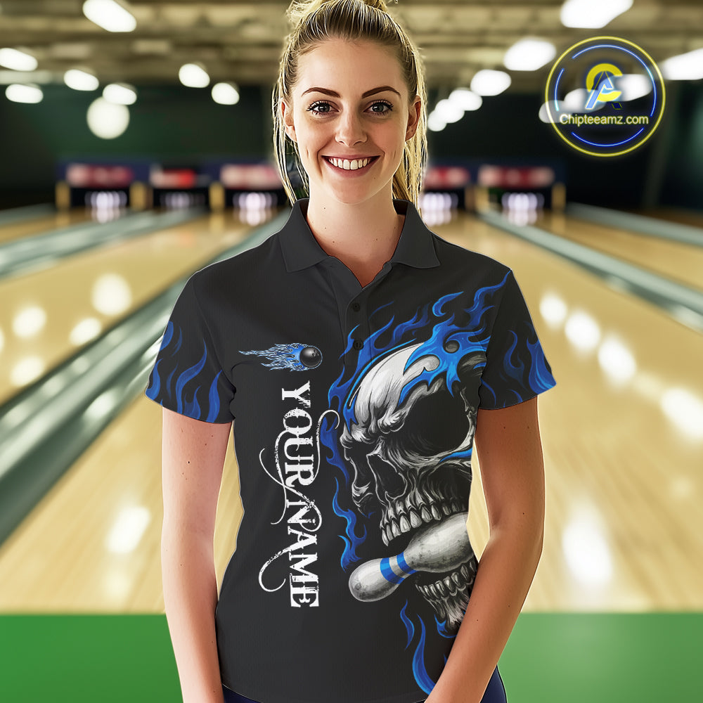 Custom Black and Blue Flame Skull Bowling Shirts For Women, Personalized Skull Team Bowling Jersey NQS10574