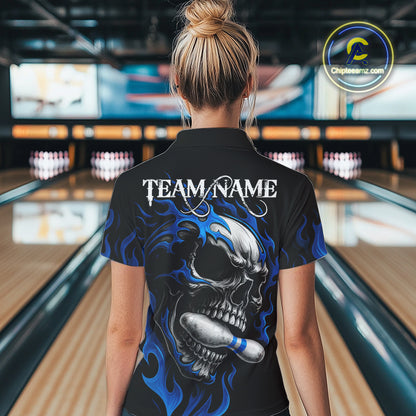 Custom Black and Blue Flame Skull Bowling Shirts For Women, Personalized Skull Team Bowling Jersey NQS10574