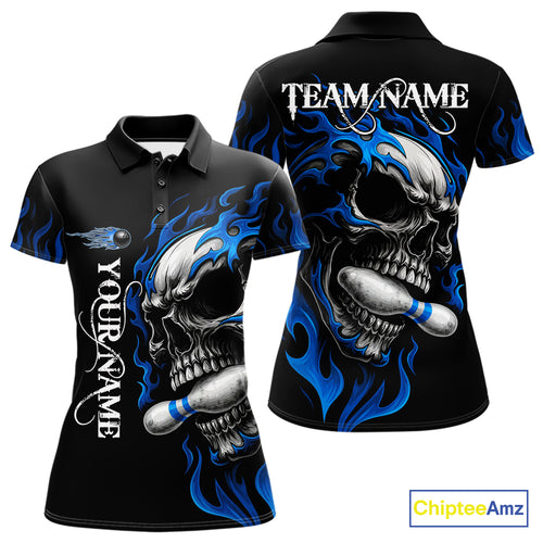 Custom Black and Blue Flame Skull Bowling Shirts For Women, Personalized Skull Team Bowling Jersey NQS10574