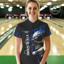 Load image into Gallery viewer, Custom Black and Blue Flame Skull Bowling Shirts For Women, Personalized Skull Team Bowling Jersey NQS10574