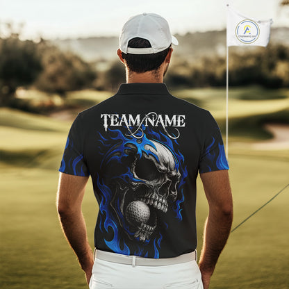 Custom Black and Blue Flame Skull Mens golf polo shirts, Personalized Skull Team Mens Golf Outfit NQS10576