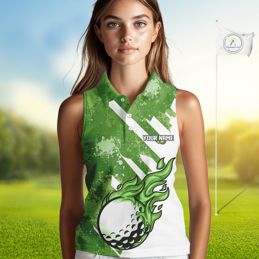 Green and white golf ball flame Women Sleeveless Polo Shirt custom team ladies golf clothing NQS10978