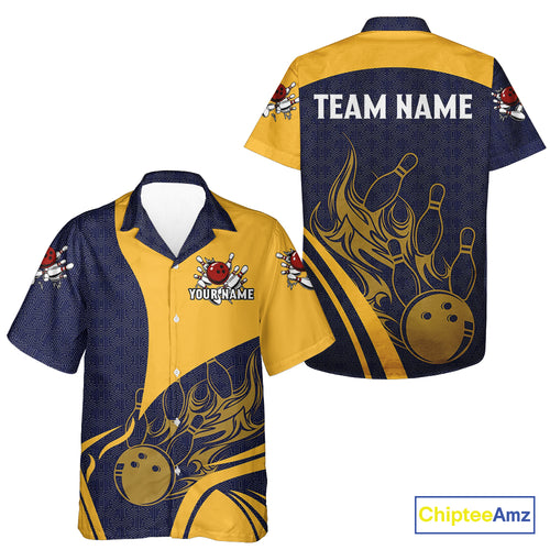 Blue and Yellow flame Hawaiian Bowling jerseys custom Bowling team Button up shirt bowlers outfit NQS10983