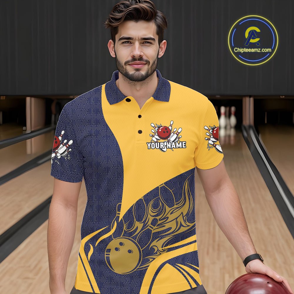Blue and Yellow flame Bowling polo, 1/4 zip shirts for men custom Bowling team jerseys bowlers outfit NQS10983