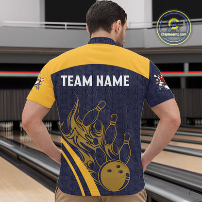 Blue and Yellow flame Bowling polo, 1/4 zip shirts for men custom Bowling team jerseys bowlers outfit NQS10983