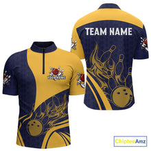 Load image into Gallery viewer, Blue and Yellow flame Bowling polo, 1/4 zip shirts for men custom Bowling team jerseys bowlers outfit NQS10983