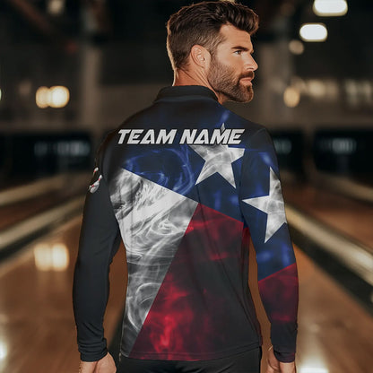 Smoke Texas Flag Black Bowling Polo, Quarter Zip shirt for men Custom patriotic Team bowling jersey NQS9631