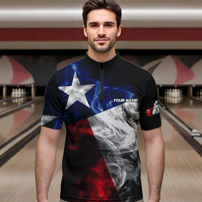 Smoke Texas Flag Black Bowling Polo, Quarter Zip shirt for men Custom patriotic Team bowling jersey NQS9631