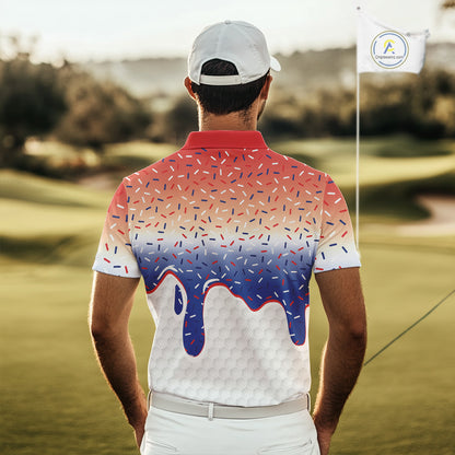 Red, white and blue dripping candy Mens Golf polo shirts Custom funny Golf attire For Mens NQS10058