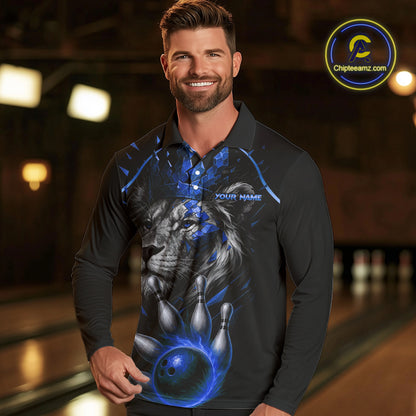 Custom Black and Blue Lion Bowling Polo, Quarter Zip shirts for Men, Lion Team Bowling Jerseys NQS10585