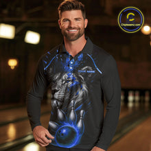 Load image into Gallery viewer, Custom Black and Blue Lion Bowling Polo, Quarter Zip shirts for Men, Lion Team Bowling Jerseys NQS10585