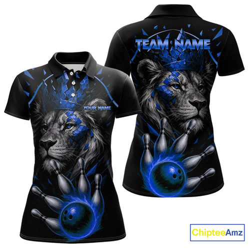 Custom Black and Blue Lion Bowling Polo, Quarter Zip shirts for Women, Lion Team Bowling Jerseys NQS10585