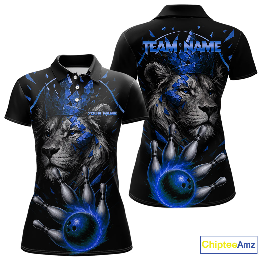 Custom Black and Blue Lion Bowling Polo, Quarter Zip shirts for Women, Lion Team Bowling Jerseys NQS10585