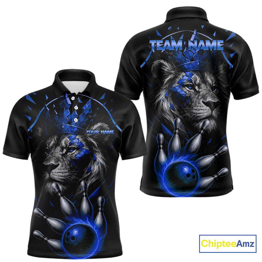 Custom Black and Blue Lion Bowling Polo, Quarter Zip shirts for Men, Lion Team Bowling Jerseys NQS10585