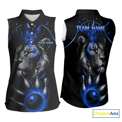Custom Black and Blue Lion Bowling Sleeveless Polo shirt for Women, Lion Team Bowling Jerseys NQS10585