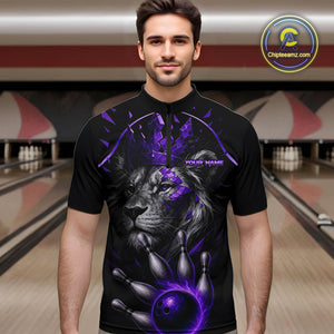Custom Black and Purple Lion Bowling Polo, Quarter Zip shirts for Men, Lion Team Bowling Jerseys NQS10586