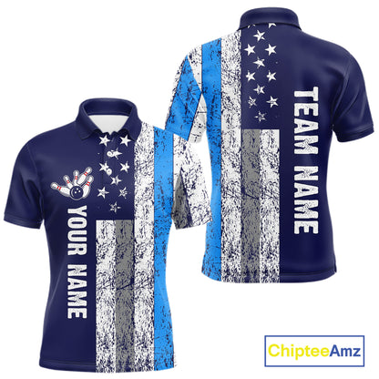 Blue Grunge American Flag Bowling Shirts For Men Custom patriotic Bowling Team League Jerseys NQS11176