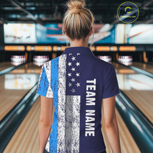 Load image into Gallery viewer, Blue Grunge American Flag Bowling Shirts For Women Custom patriotic Bowling Team League Jerseys NQS11176