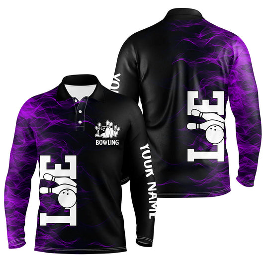 Purple Flame Bowling Custom Men Bowling Polo, Quarter zip Shirts Bowling Team Jerseys Tournament NQS8410