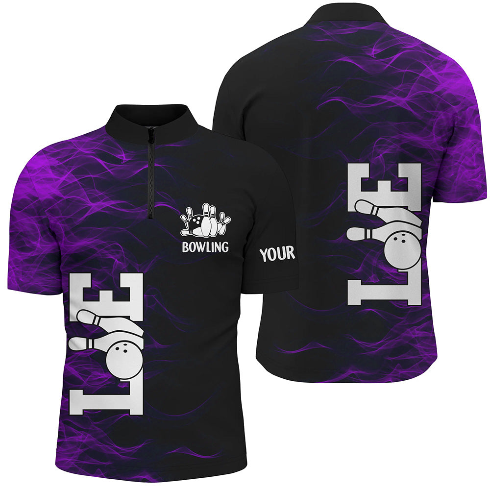 Purple Flame Bowling Custom Men Bowling Polo, Quarter zip Shirts Bowling Team Jerseys Tournament NQS8410