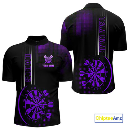Personalized Black and Purple Darts Polo, Quarter Zip Shirt For Men Custom Dart Outfit Team Jerseys NQS10594