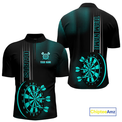 Personalized Black and Turquoise Darts Polo, Quarter Zip Shirt For Men Custom Dart Outfit Team Jersey NQS10595
