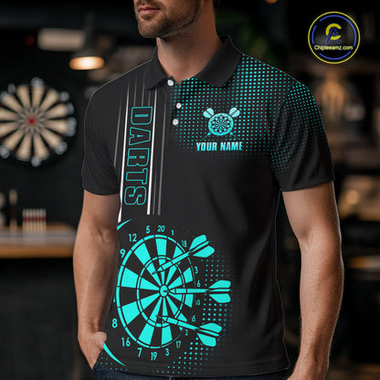 Personalized Black and Turquoise Darts Polo, Quarter Zip Shirt For Men Custom Dart Outfit Team Jersey NQS10595