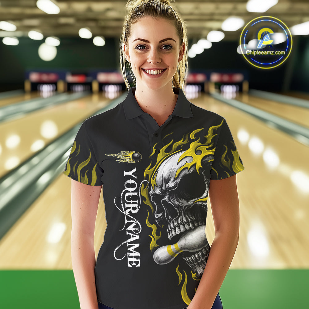 Custom Black and Gold Flame Skull Bowling Shirts For Women, Personalized Skull Team Bowling Jersey NQS10795
