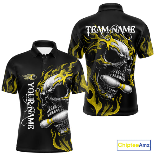 Custom Black and Gold Flame Skull Bowling Shirts For Men, Personalized Skull Team Bowling Jersey NQS10795