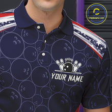 Load image into Gallery viewer, American Flag Camo Bowling Shirts For Men Custom patriotic Bowling Team Polo, 1/4 zip Jerseys | Navy NQS11180