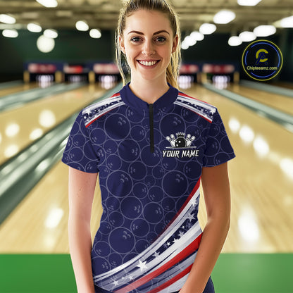 American Flag Camo Bowling Shirts For Women Custom patriotic Bowling Team Polo, 1/4 zip Jersey | Navy NQS11180