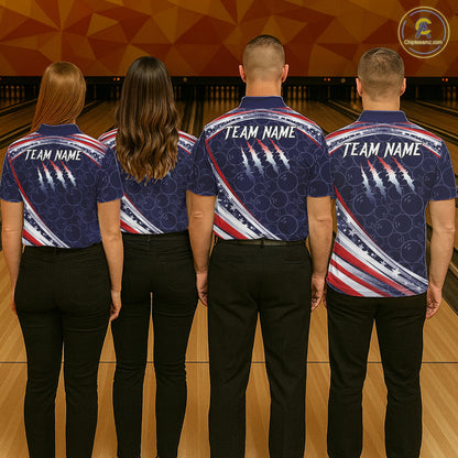American Flag Camo Bowling Shirts For Women Custom patriotic Bowling Team Polo, 1/4 zip Jersey | Navy NQS11180
