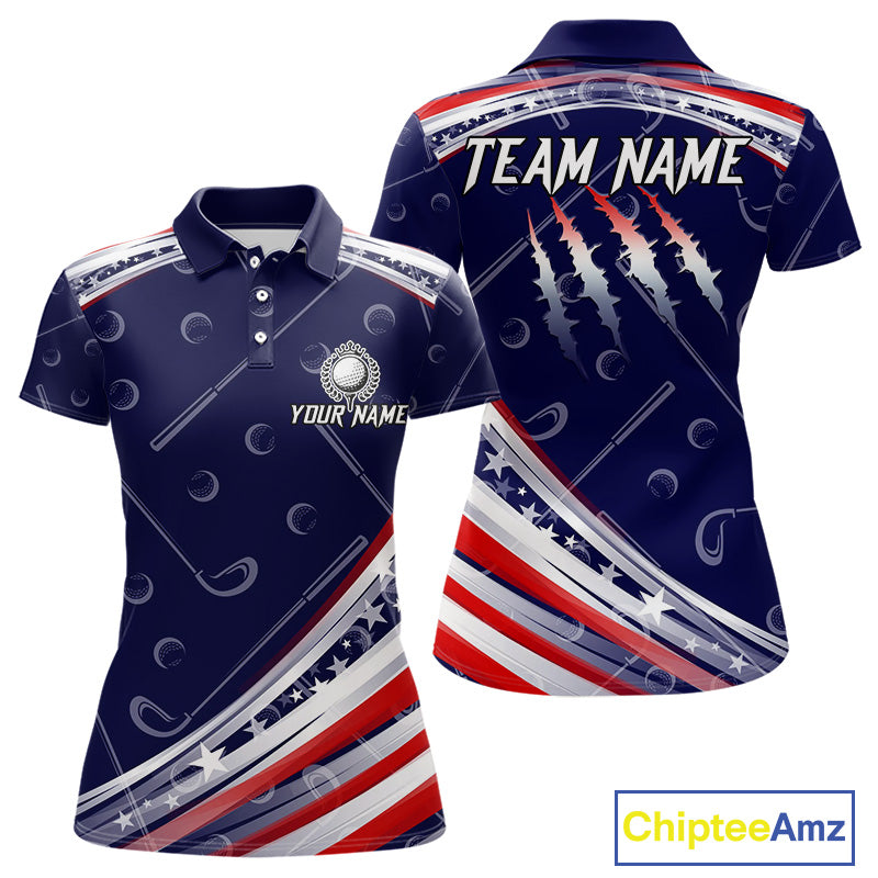 American Flag Camo Golf Polo Shirts For Women Custom patriotic ladies golf shirt, golfer gifts | Navy NQS11181