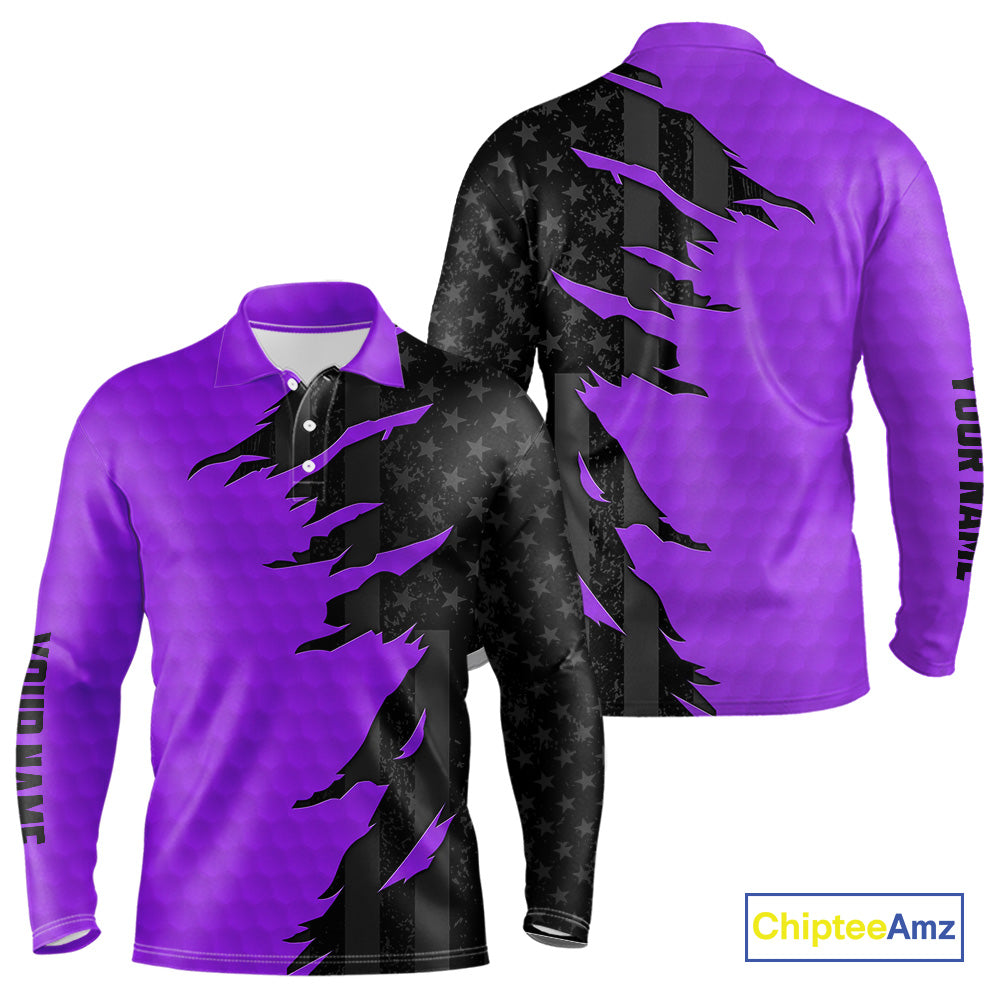 Personalized Mens golf polo shirts custom purple golf ball skin black American flag mens golf apparel NQS10071