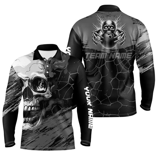 Black and Gray Skull Bowling Custom Bowling Polo, 1/4 zip Shirts For Men Bowling Team League Jerseys NQS8425
