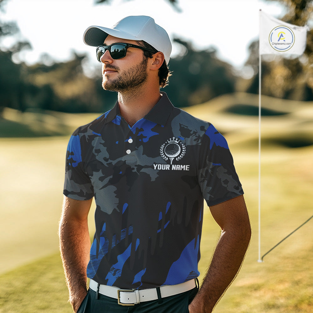 Black and Blue Camo pattern Mens Golf Polo Shirts custom mens golf tops, cool golf gifts NQS9826