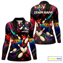 Load image into Gallery viewer, Colorful Watercolor bowling ball and pins Team jerseys Custom Women bowling Polo, Quarter Zip Shirt NQS9833