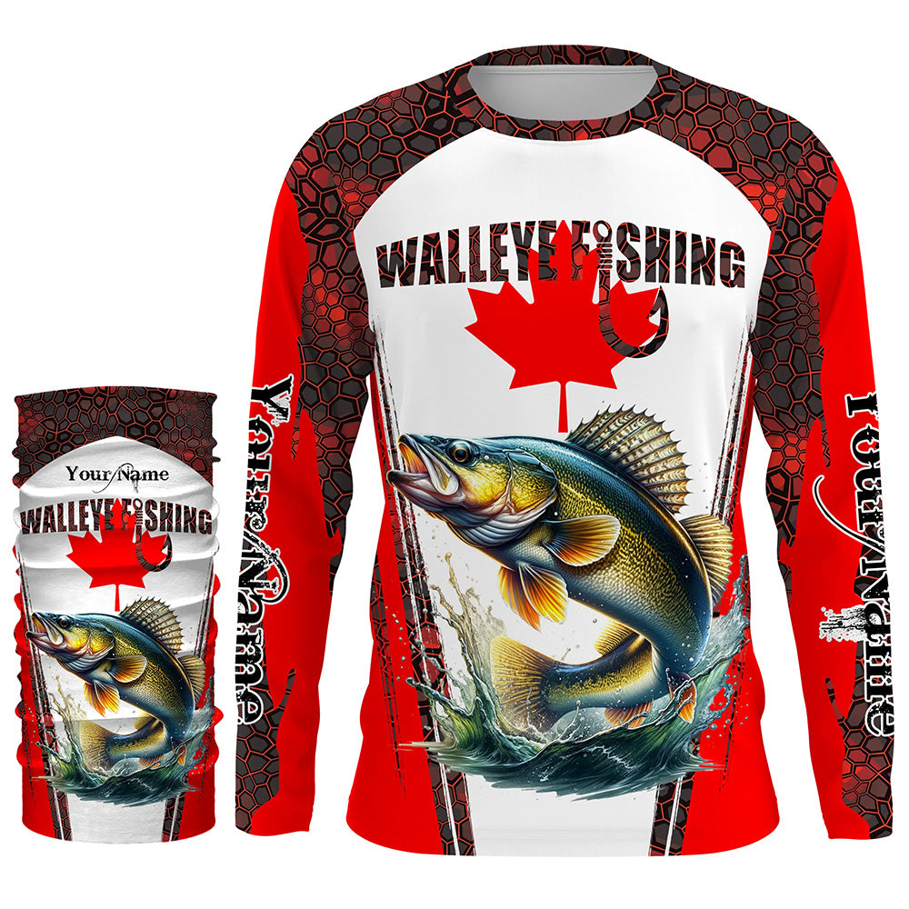 Walleye fishing red camo Custom Canadian flag UV Protection Fishing Shirts NQS5652