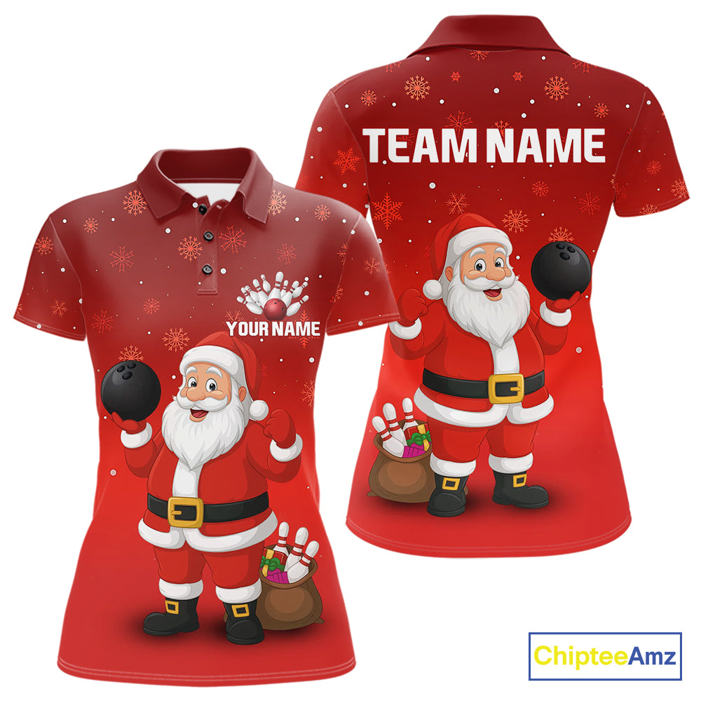 Funny Santa Bowling Red Christmas snowflake pattern Women's Bowling shirt Custom Xmas Bowling Outfits NQS10992