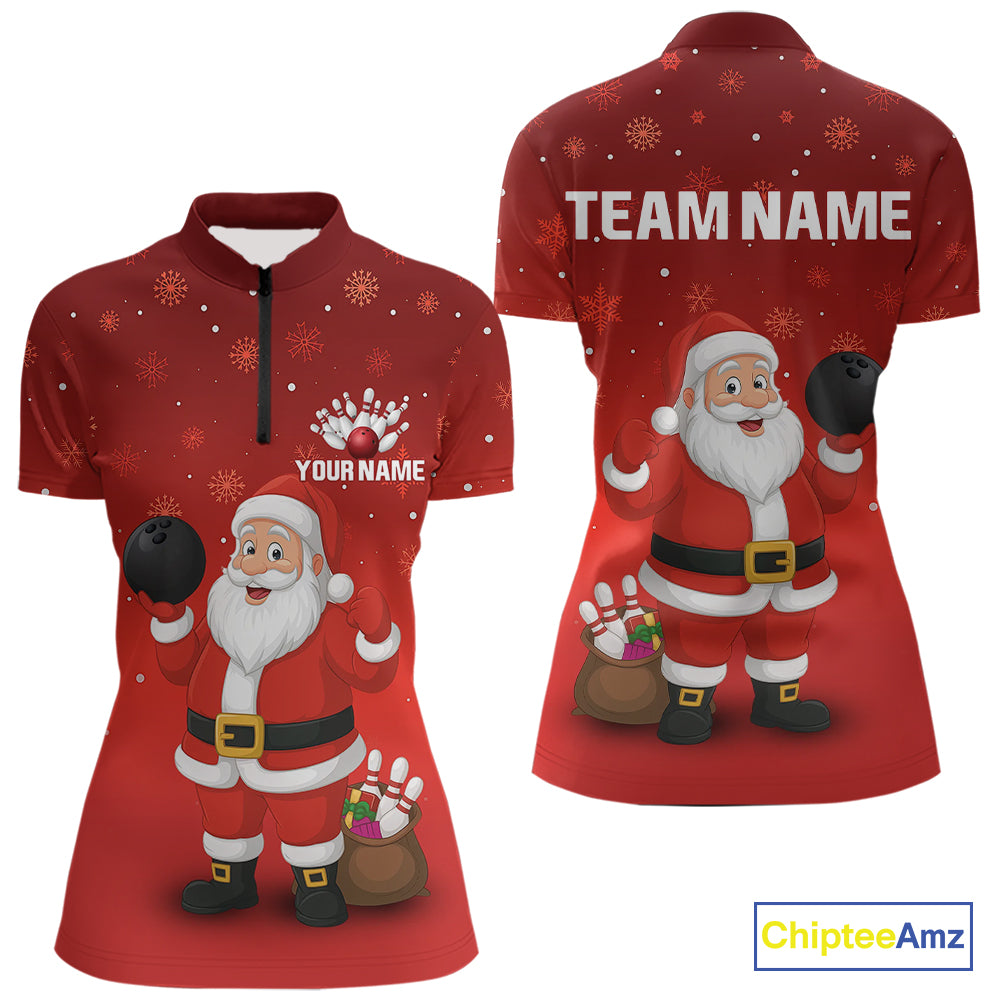 Funny Santa Bowling Red Christmas snowflake pattern Women's Bowling shirt Custom Xmas Bowling Outfits NQS10992