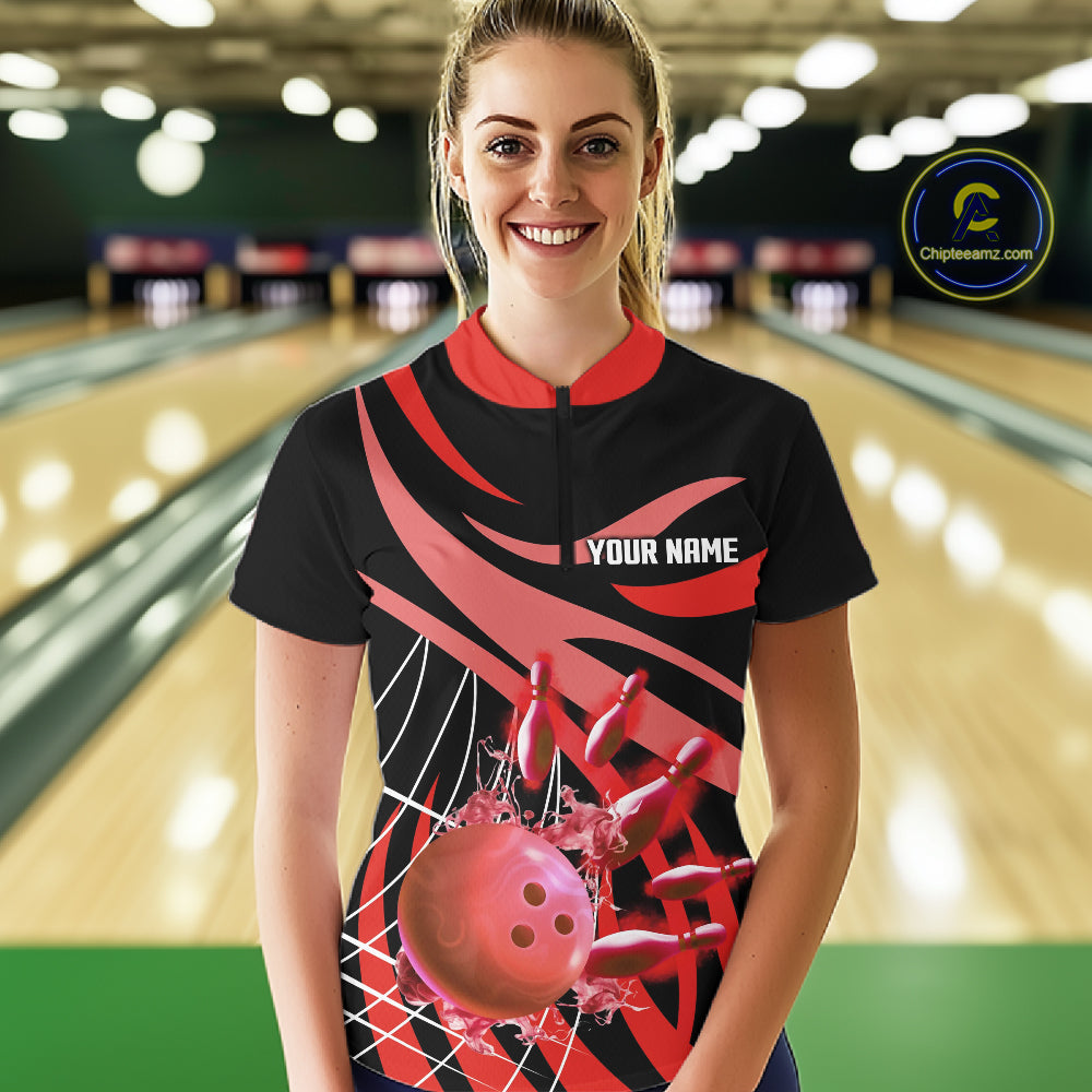 Red flame short-sleeve, long-sleeve bowling shirts for women Custom Team bowling outfit women NQS11393