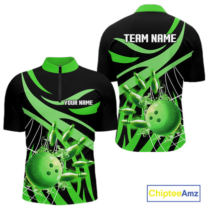 Green flame bowling 1/4 zip, mens polo bowling shirts Custom Team bowling shirts for men NQS11394