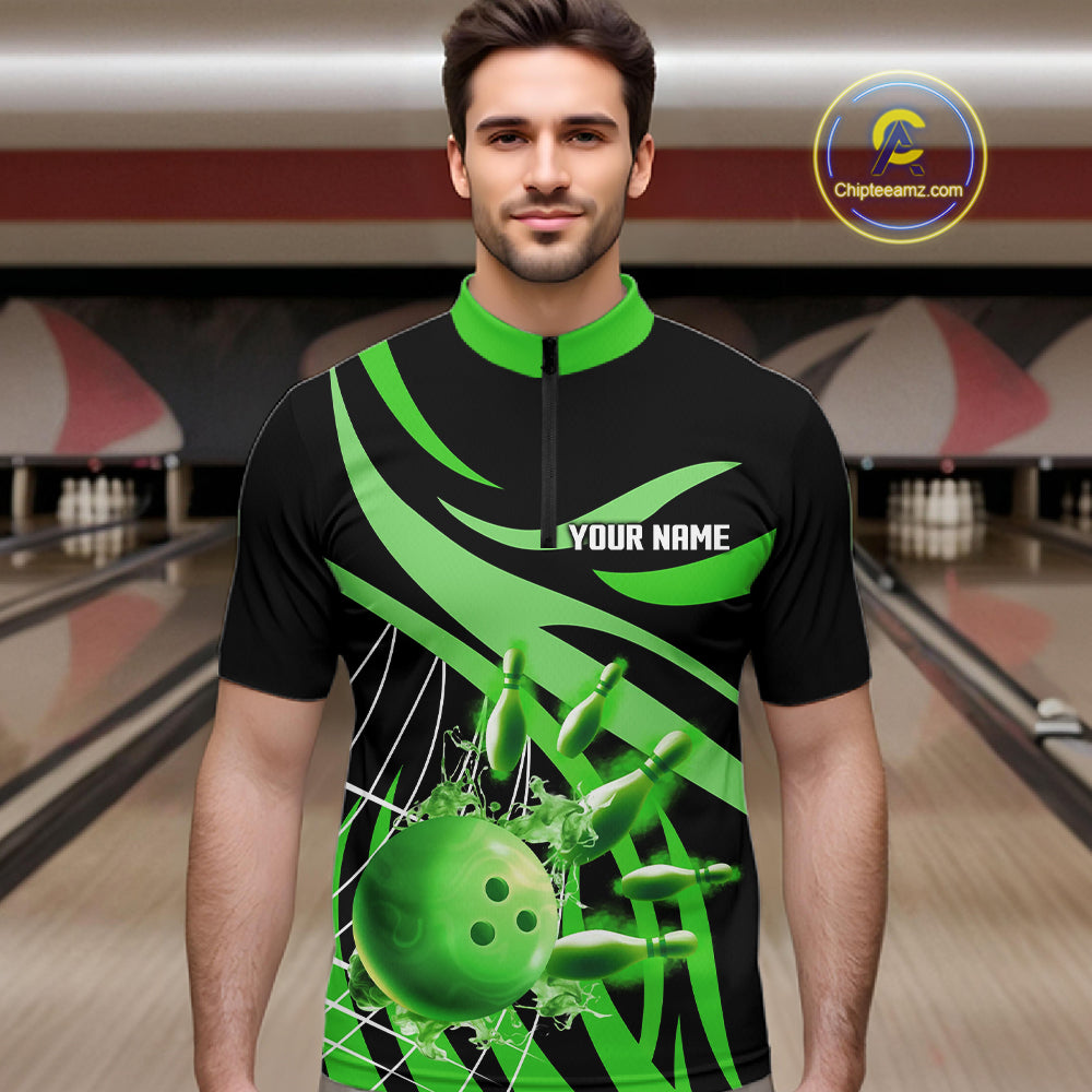 Green flame bowling 1/4 zip, mens polo bowling shirts Custom Team bowling shirts for men NQS11394