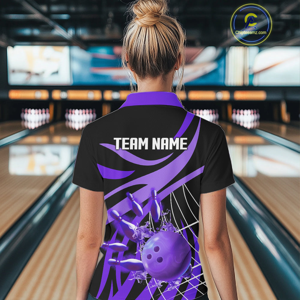 Purple flame short-sleeve, long-sleeve bowling shirts for women Custom Team bowling outfit women NQS11395