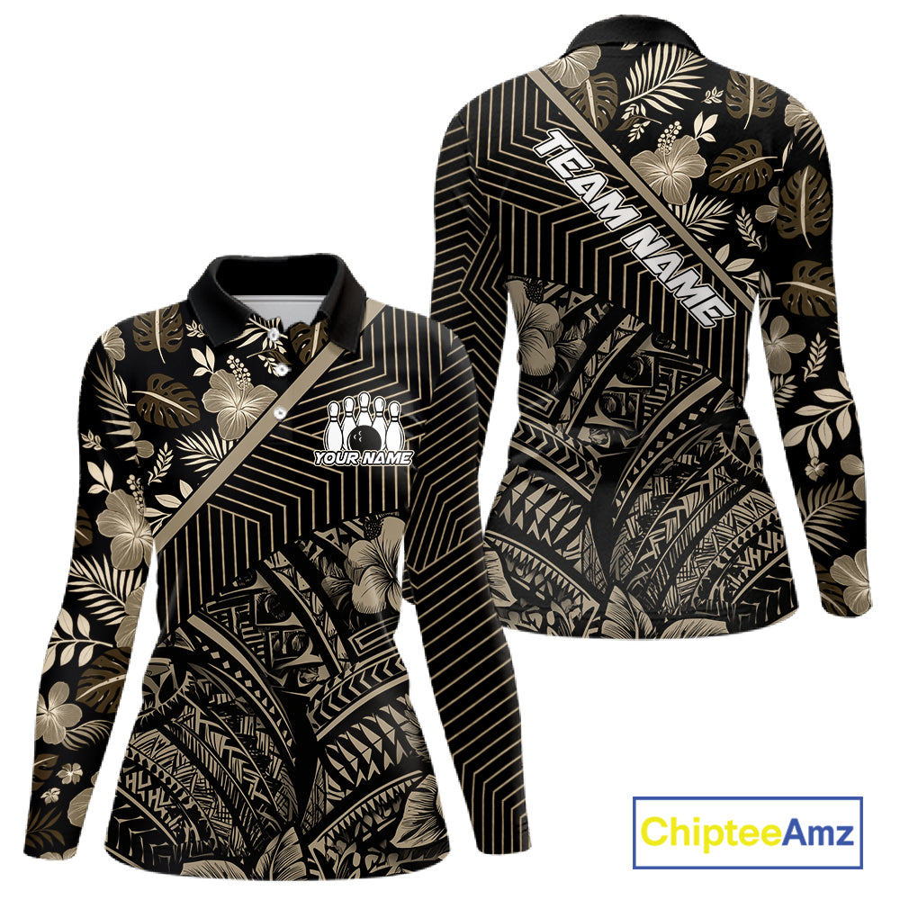 Black tribal pattern Bowling Polo, 1/4 zip Shirts For Women Custom Team Bowling Jerseys NQS11389