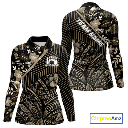 Black tribal pattern Bowling Polo, 1/4 zip Shirts For Women Custom Team Bowling Jerseys NQS11389