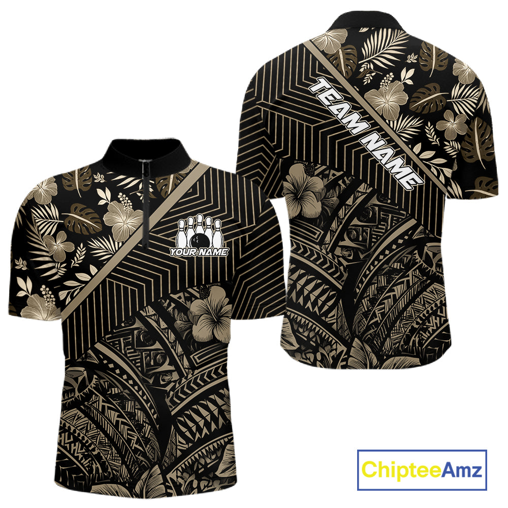 Black tribal pattern Bowling Polo, 1/4 zip Shirts For Men Custom Team Bowling Jerseys NQS11389