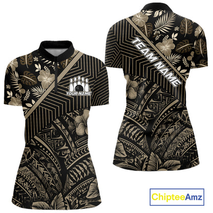 Black tribal pattern Bowling Polo, 1/4 zip Shirts For Women Custom Team Bowling Jerseys NQS11389